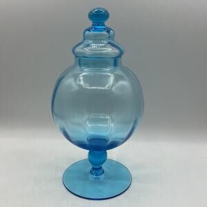 Vintage Empoli Art Glass Apothecary Jar Lid Pedestal Aqua Blue Optic 11" MCM